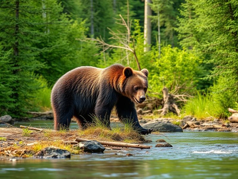 Bear foraging by a river in lush forest