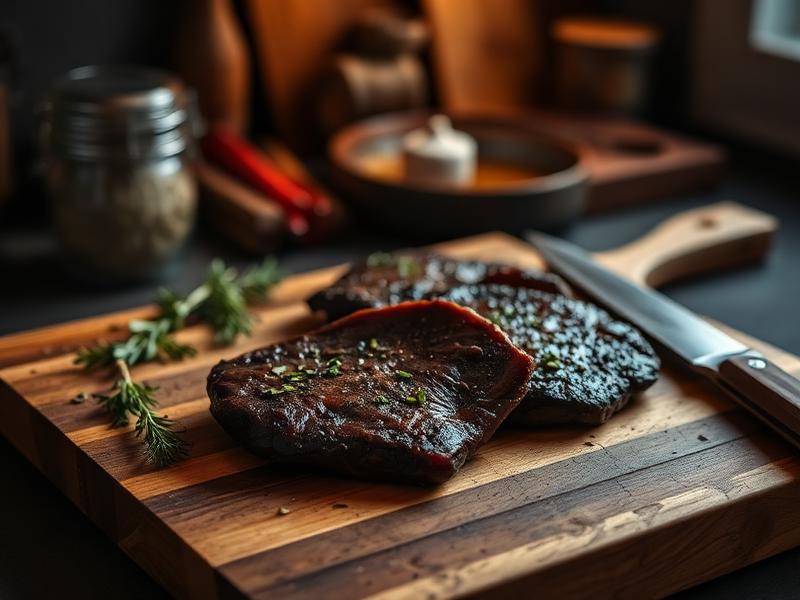 Wild game meat preparation on rustic cutting board